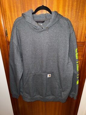 Carhartt Men's Heather Gray Hoodie with Neon Yellow Sleeve Logo